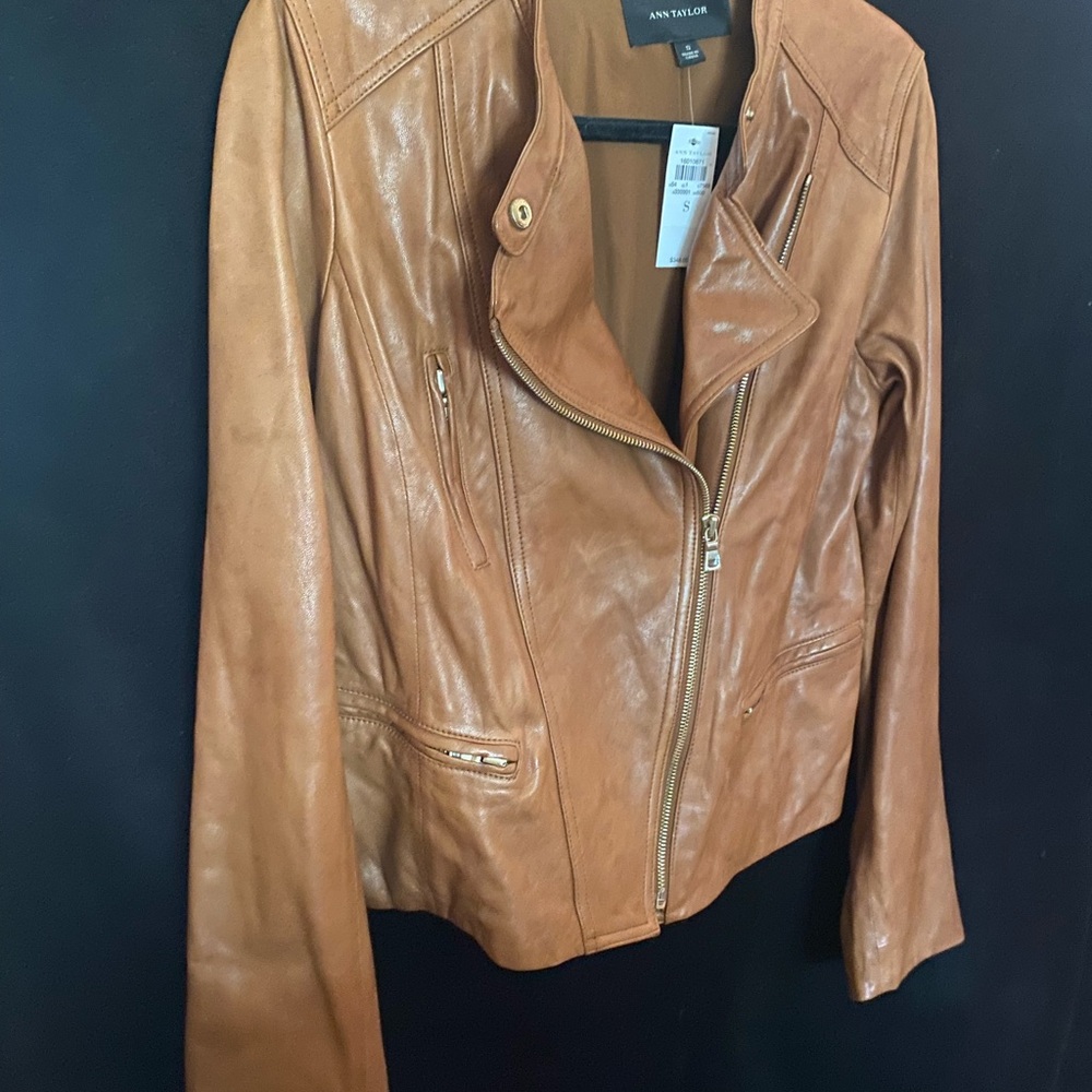 Ann Taylor Tan Leather Moto Jacket with Asymmetrical Zipper